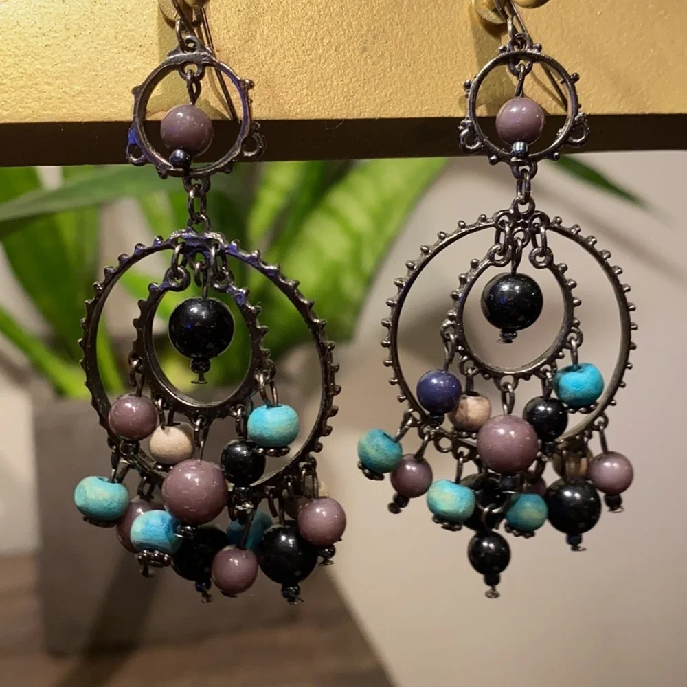 Black turquoise taupe gray dangle earrings 2.75”​
